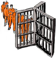 Cartoon illustration of men in a prison setting