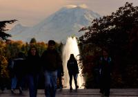 Student stands in front of a fountain.